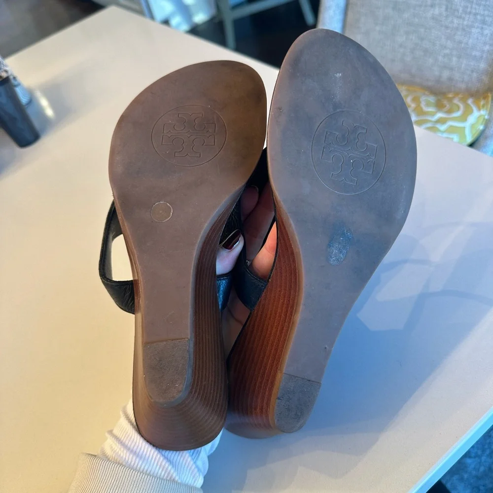 Tory Burch Black Leather Logo Thong Sandals